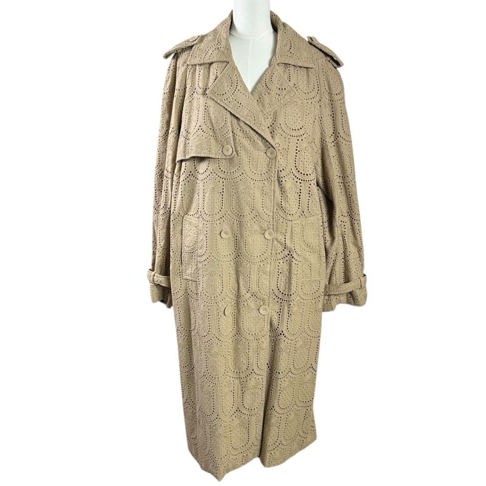 Farm Rio Khaki Pineapple Cotton Eyelet Trench Coat Size Large Neutral Bohemian - Picture 7 of 13